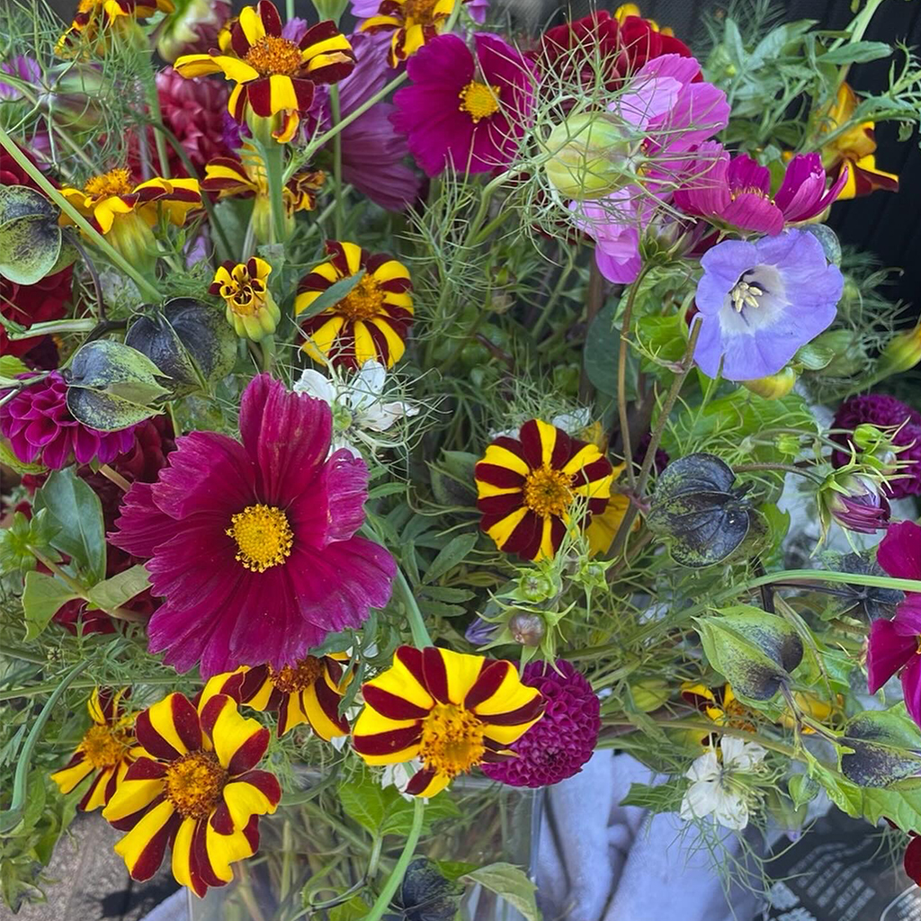 Expressive seasonal arrangement with layered color by Wild Beauty Floral Design
